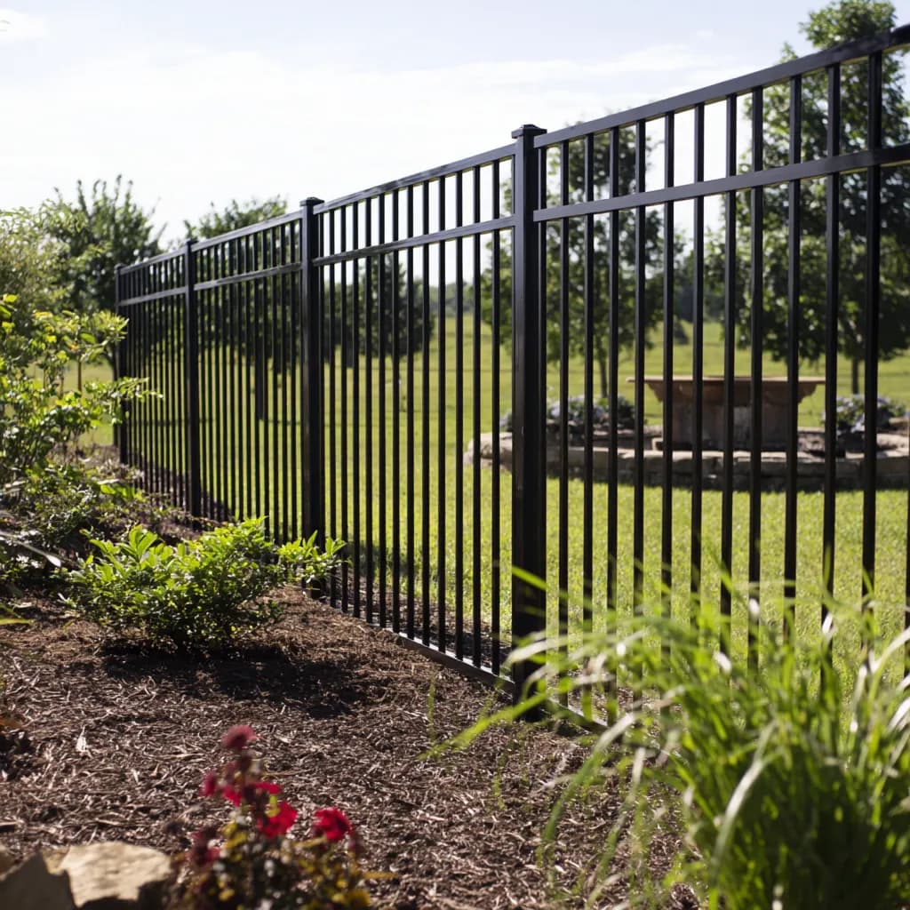 Black aluminum fence with mulch beds on a Pittsburgh residential property