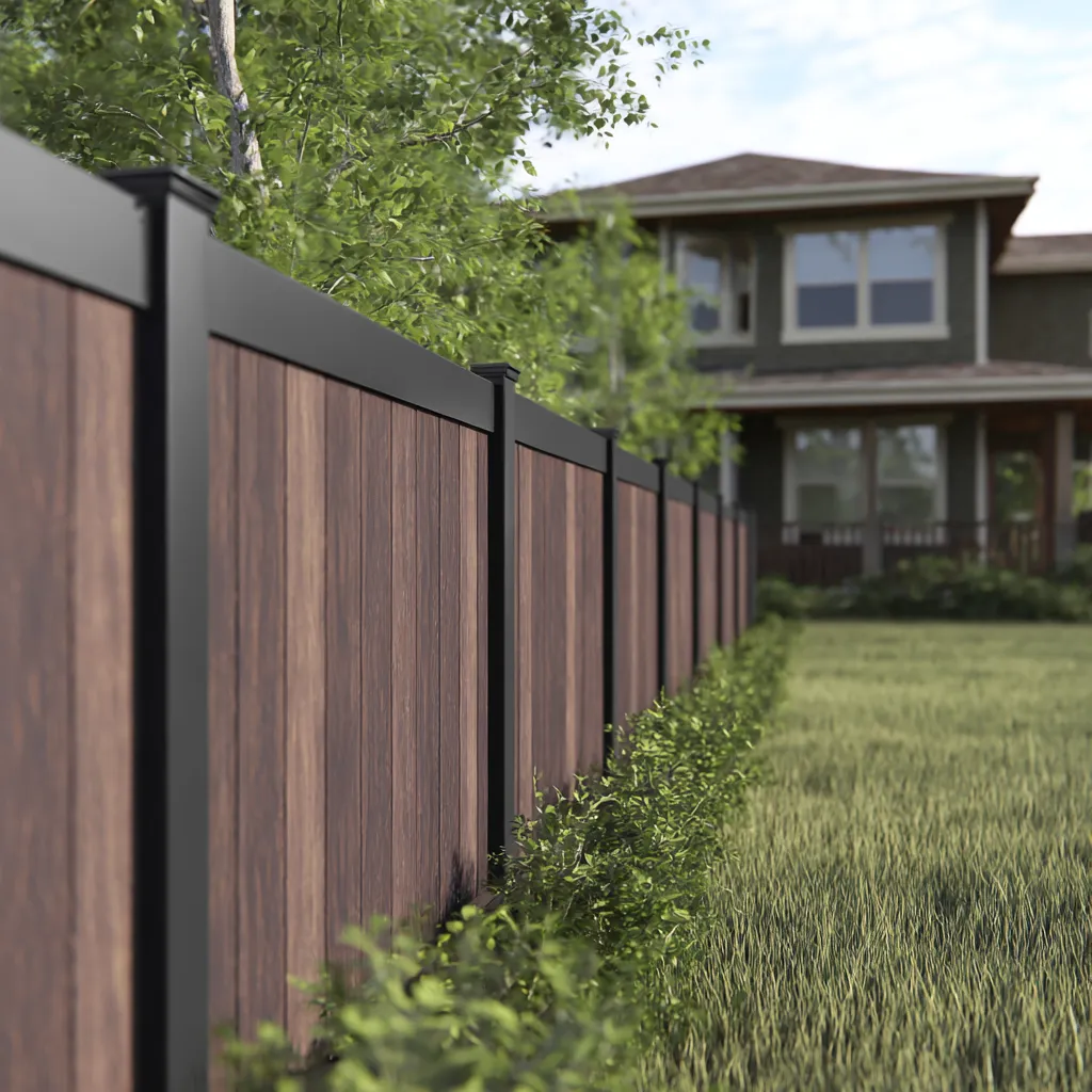 Wood-tone privacy fence with black posts along a Pittsburgh yard