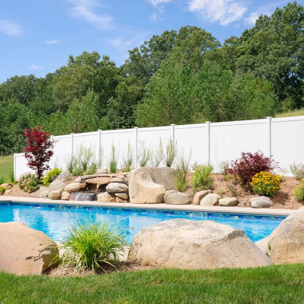 White vinyl fence installation around Eighty Four pool